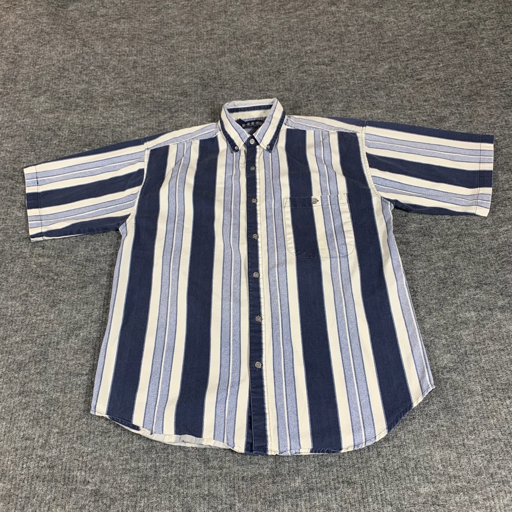 VTG HIS Shirt Mens Medium Blue Striped Button Down Heavyweight Cotton 90s Dad